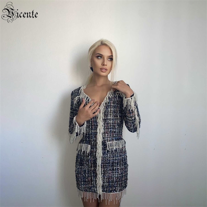 

Free Dress Sexy Deep V Neck Bodycon Vestidos Celebrity Christmas Party Beads Tassel Mini 210520, Multi