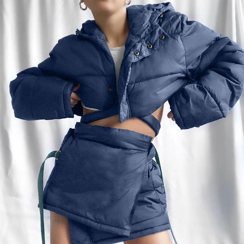

Women' Two Piece Pants Women Winter Warm Set Skirt Outfits Casual Thicken Hooded Parka Coats And Bandage Suits Streetwear, Blue