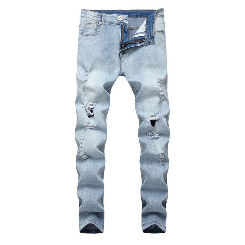 

Men's Jeans High Street Big Hole Skinny Slim Youth Fashion Denim Pants PJ7N, Sky blue