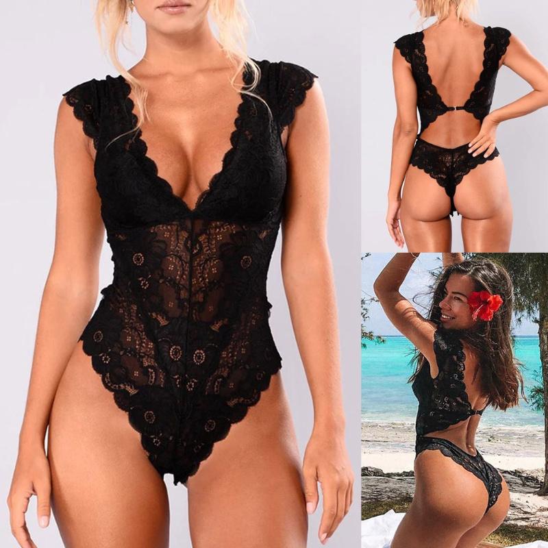 

Bras Sets Sexy Teddies Mesh Lace Women's Bodysuit Lingerie Halter Jumpsuit Pajamas Hollow See-through Teddy, Style 5