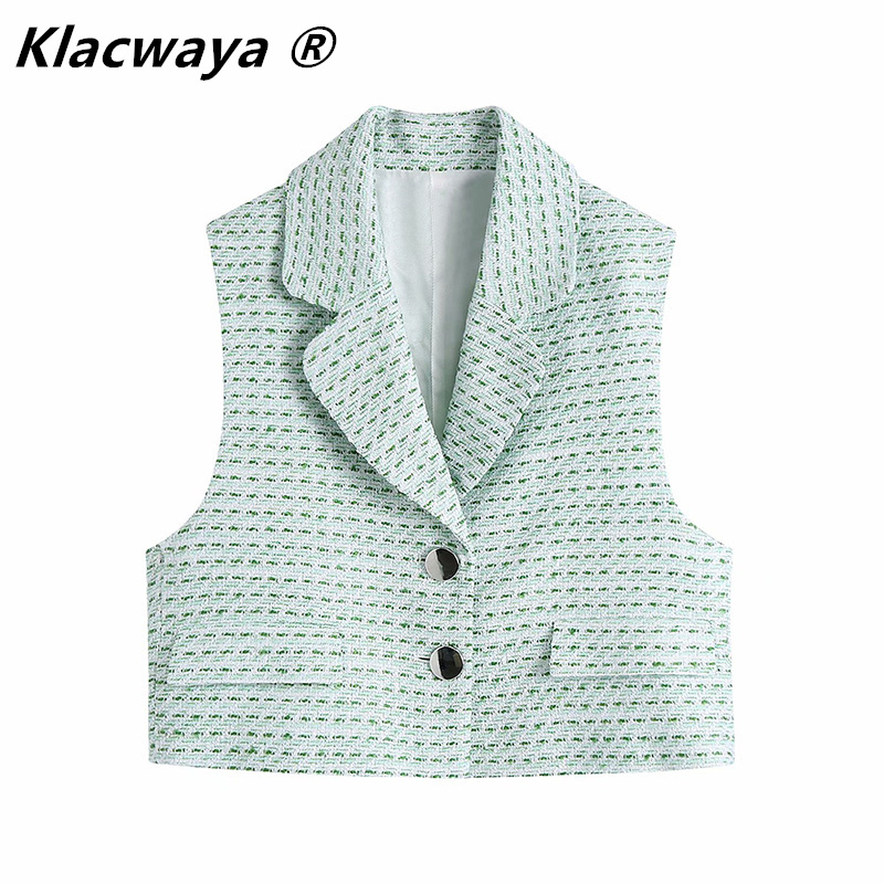 

Women Vest Za Green Textured Plaid Sleeveless Jacket Woman Cropped Waistcoat Fashion Button Summer Female 210521, Light green