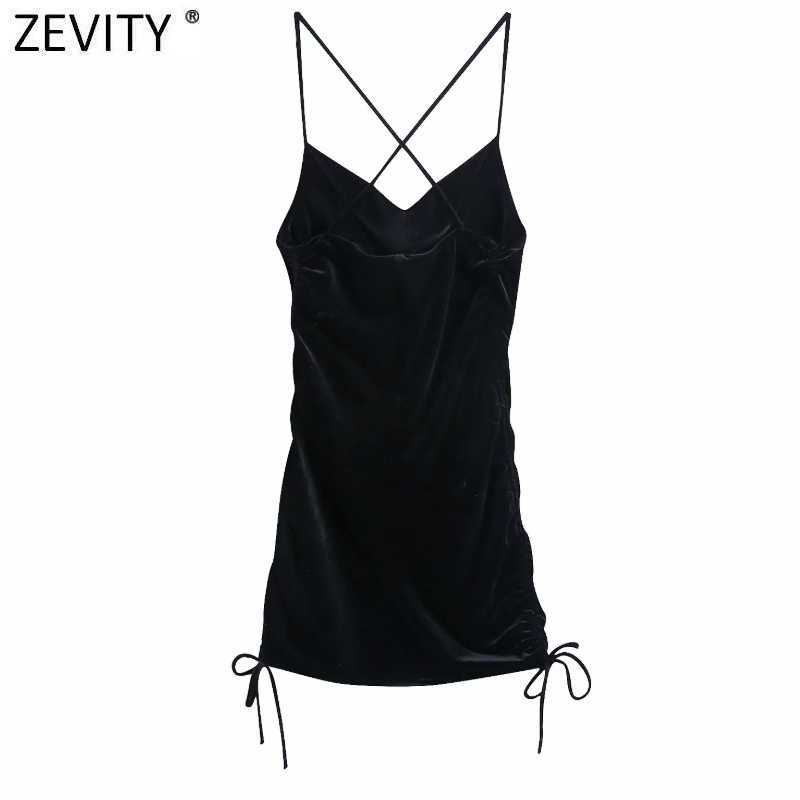 

Zevity Women Sexy Spaghetti Strap Side Pleated Velvet Slim Mini Dress Femme Backless Cross Line Bow Club Wear Vestido DS4862 210603, As pic ds4862bb