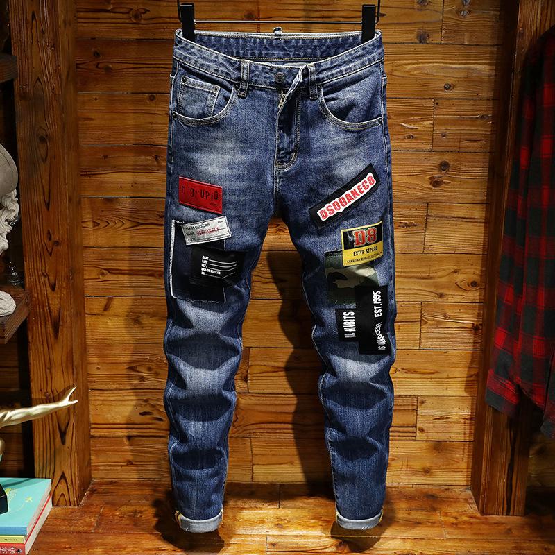 

Men's Jeans Mens Badge Ripped Stretch Blue Fashion Slim Fit Washed Motocycle Denim Pants Panelled Hip Hop Trousers For Male, Tc098