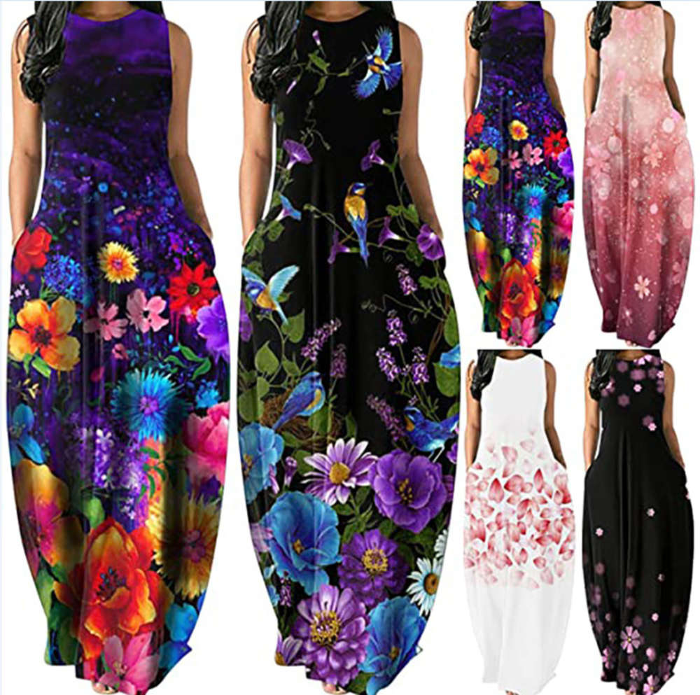 

summer long skirt sexy print dress for women, Black;gray