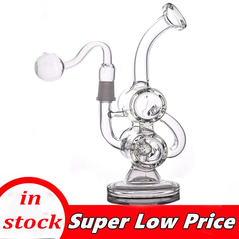 

8inch bubbler Glass Bongs pipe Double Recycler Percolator Bong Dab Rig 14mm Joint smoking Water Pipes With male glass oil burner pipes