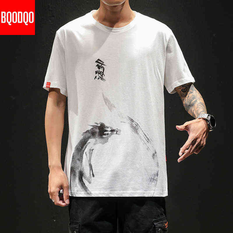 Chinese Style T shirt Men Funny Anime Print O-Neck Loose Black White Hip-hop Cotton Tshirts Male Summer Streetwear Fashion Tees G1222-image-747709551
