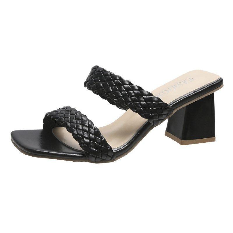 

Slippers Fashion Woven Women's Sandals And 2022 Summer Style Thick Heel Gentle High Heels Women Shoes Big Size 42, Beige