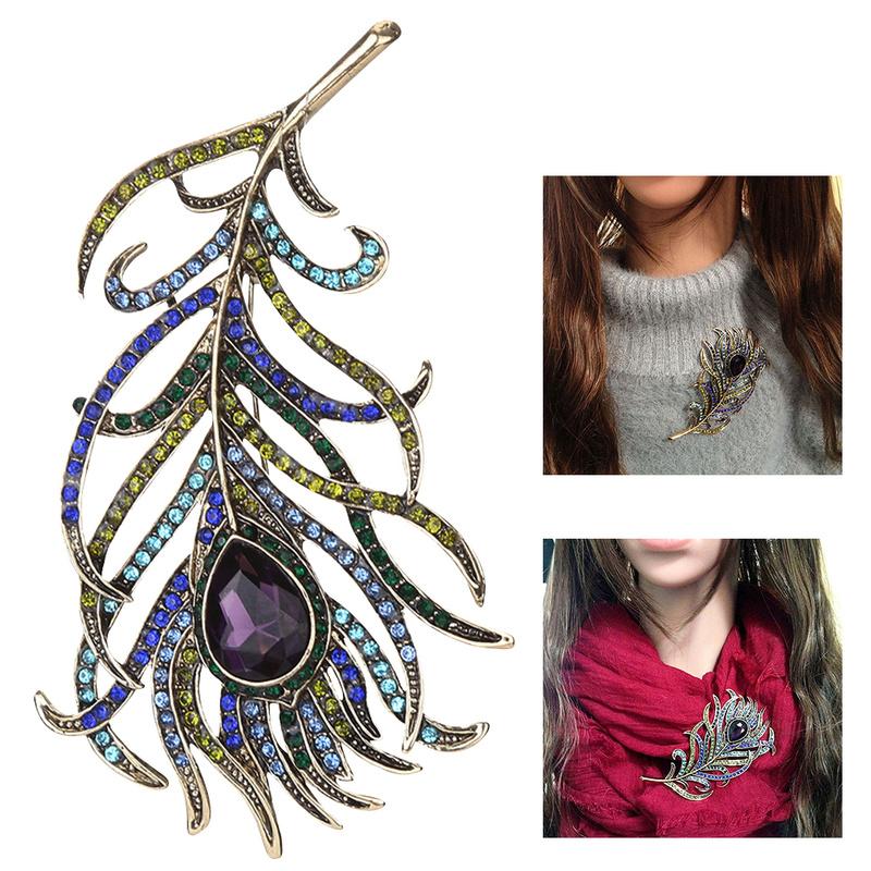 

Pins, Brooches Vintage Peacock Feather Large Brooch Pin For Women Antique Gold Crystal Rhinestone Metal Bronze Jewelry Accessories
