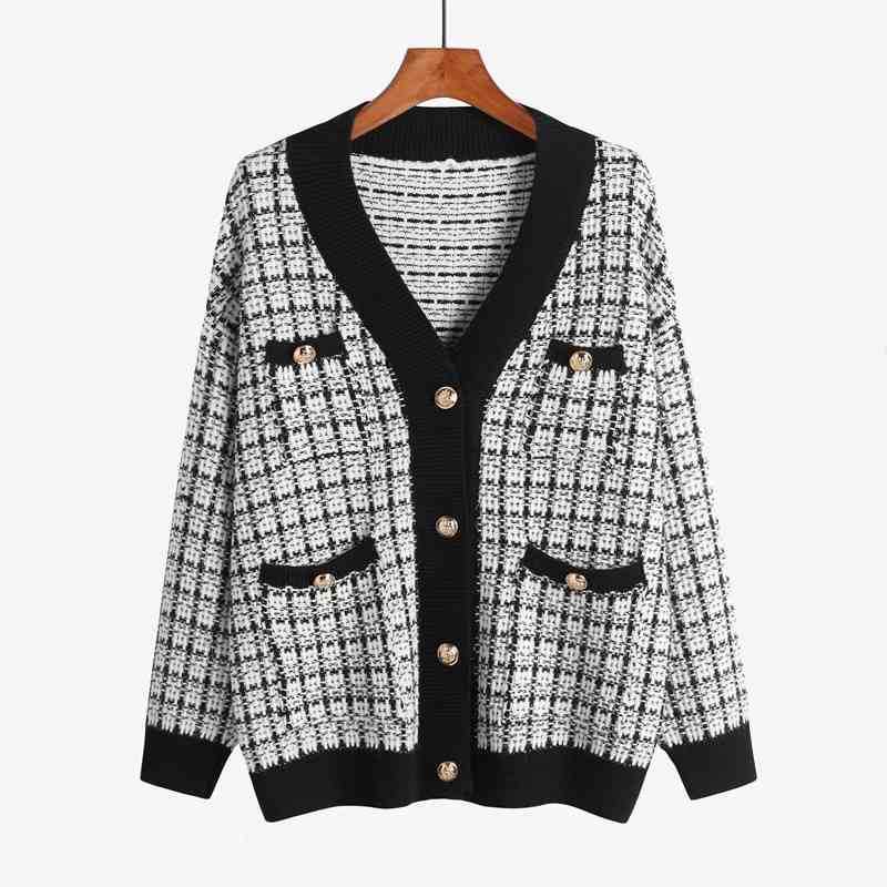 

Women Sweater Jacket Oversized Knitted Cardigans Loose Plaid Jumpers Korean Clothing Robe Long Coat sueter feminino 210525, Picture color