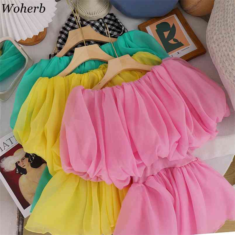 

Women Sweet Ruffles Blouse Sexy Off Shoulder Blusas Solid Elegant Puff Sleeve Ladies Summer Korean Shirts Chic Tops Mujer 210519, Black