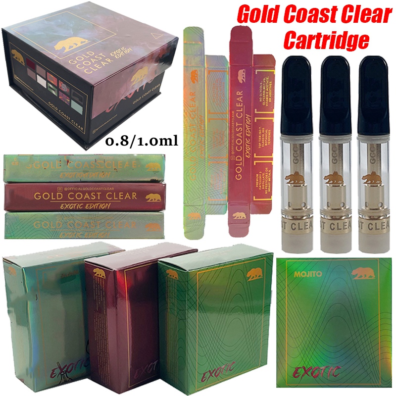 

GOLD COAST CLEAR Vape Cartridges 10 Strains Atomizer Thick Oil Atomizers 1ml 0.8ml Vapes Pen Carts Glass Tank Ceramic Coil 510 Thread Vaporizer Empty Packaging