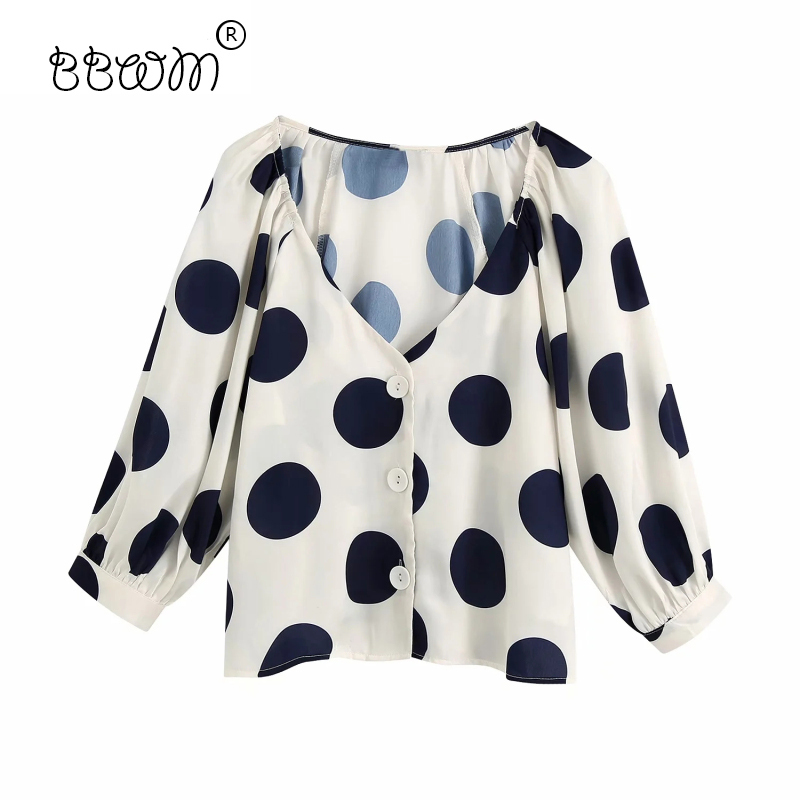 

Women Chic Fashion Dot Blouse Vintage V-Neck Buttons Three Quarter Shirts Girls Casual Chic Tops 210520, As pic