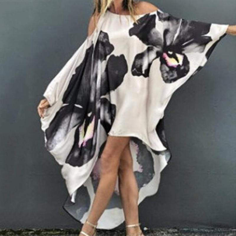 

Women' Polos Spring Casual Batwing Sleeve Loose Beach Dress 2021 Summer Sexy Off Shoulder Party Elegant Floral Print Women Long Dresses, White