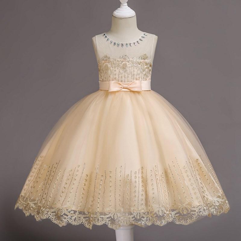 

Girl's Dresses Flower Girls Dress Sequined Bow Lace Tulle O-Neck Knee-Length Sleeveless Crystal Embroidery Purple Kids Party Princess Gown F, Beige