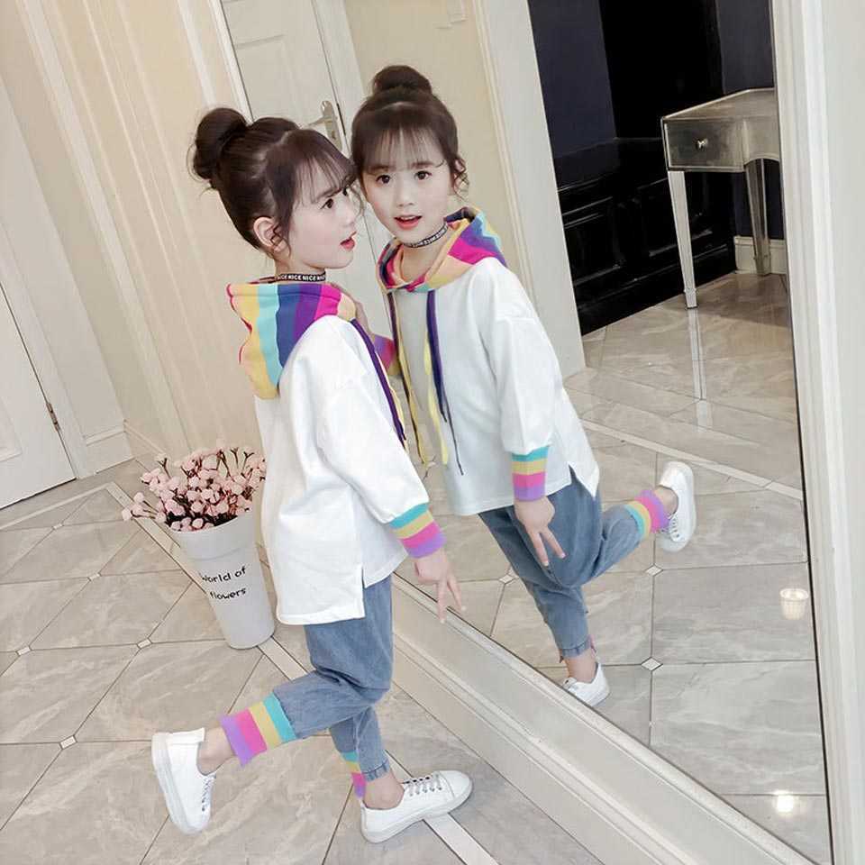 

Girl Set Spring Autumn Kids Clothing Set 2019 Hoodie Sweatshirt + Jeans Pants 2 Pcs Teenage School Girls Full Sleeves Tracksuit P0831, White