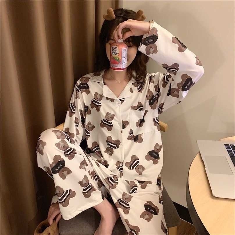 

Women Pajamas Spring Silk Loose Lapel Pyjamas Summer Cute Cartoon Bear Print Pijamas Plus Size Home Suit 2 Piece Sets Sleepwear 211109, Baixiong