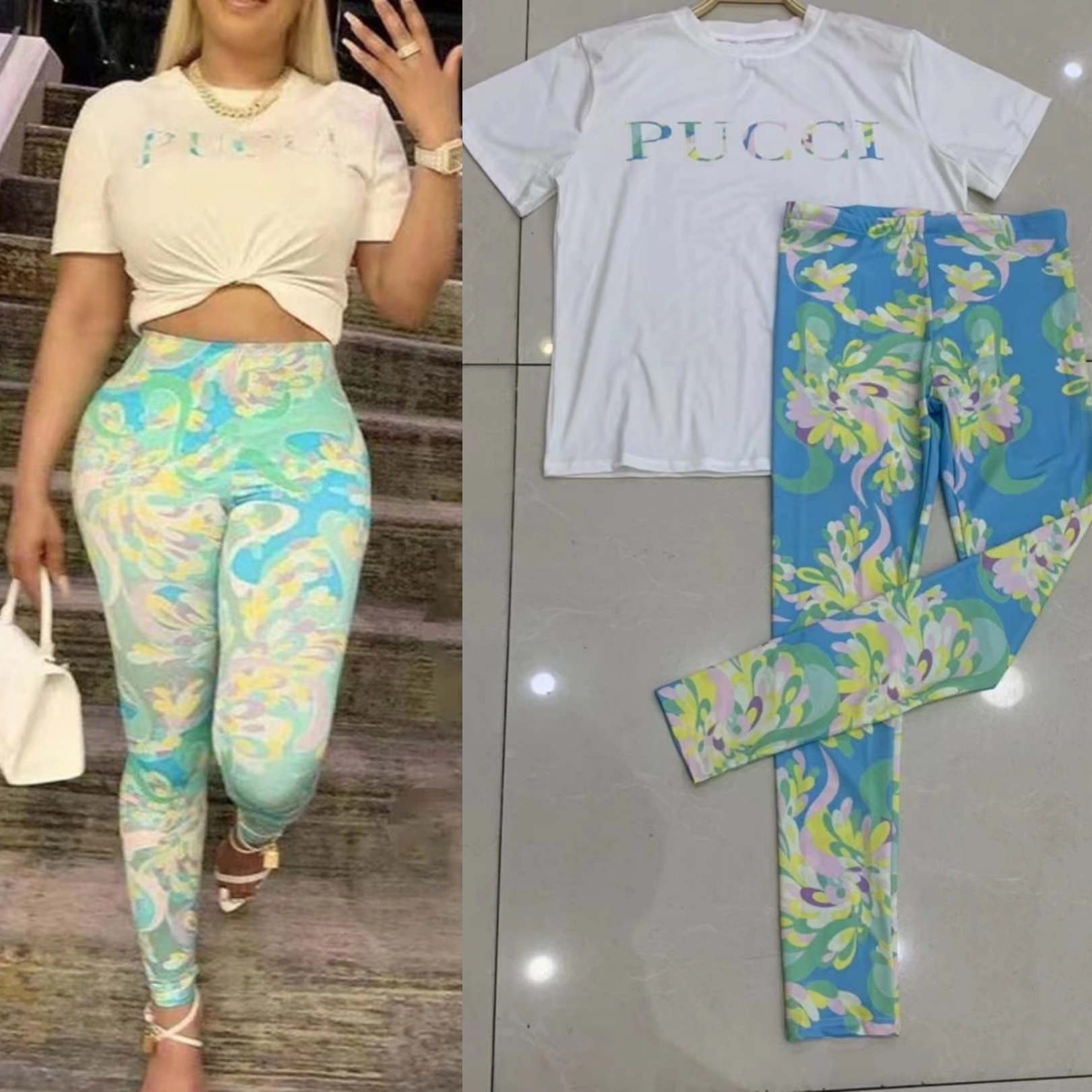 

Europe and America latest Women's Two Piece Pants T-shirt + elastic bottoming trousers, Leggings