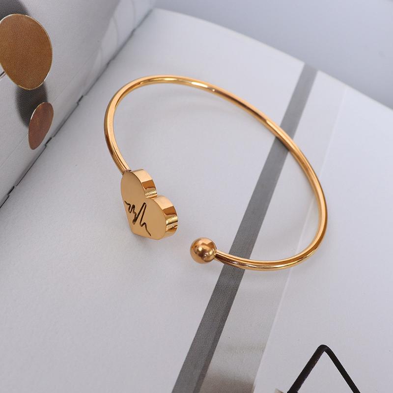 

Bangle Arrival Stainless Steel Peach Heart Stretch Band Silver Gold Rose Color ECG Twisted Line Pattern Adjustable