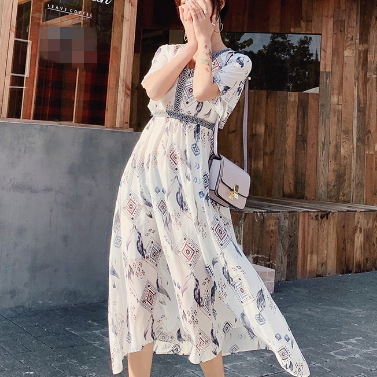 

Summer Women's Vintage Ethnic Style V-Neck Print Chiffon Dress Fashion High Waist Casual Slim Dresses Robe 210518, Photo color