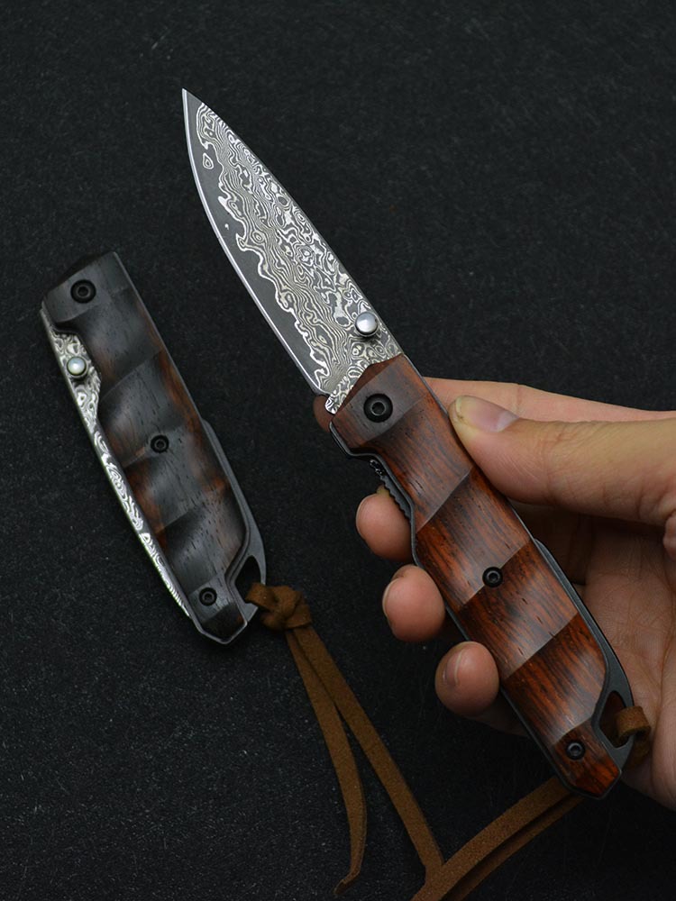 

wave rosewood handle damascus blade folding knife