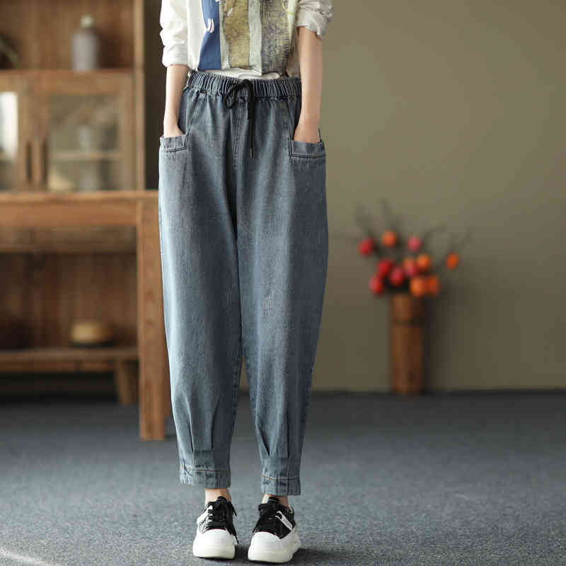 

Johnature Women Denim Vintage Long Pants Elastic Waist Pockets Spring Solid Color Fold Women Clothes Casual Trouser 210521, Dark blue