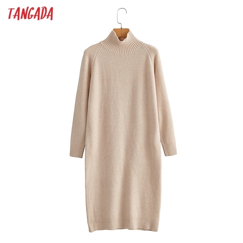 

Tangada Fashion Women Solid Beige Turtleneck Sweater Dress Warm Thick Long Sleeve Ladies Midi BC179 211110