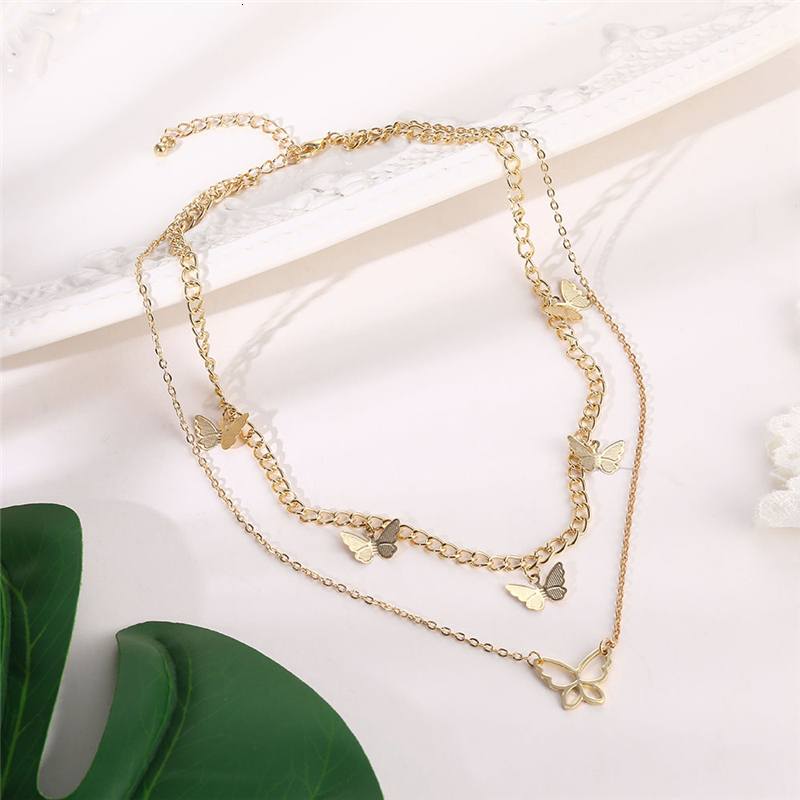 

Fashion Cute Butterfly Choker Necklace For Women Gold Color Layered Chain Butterfly Pendant Necklace Female Chocker Jewelry, Silver