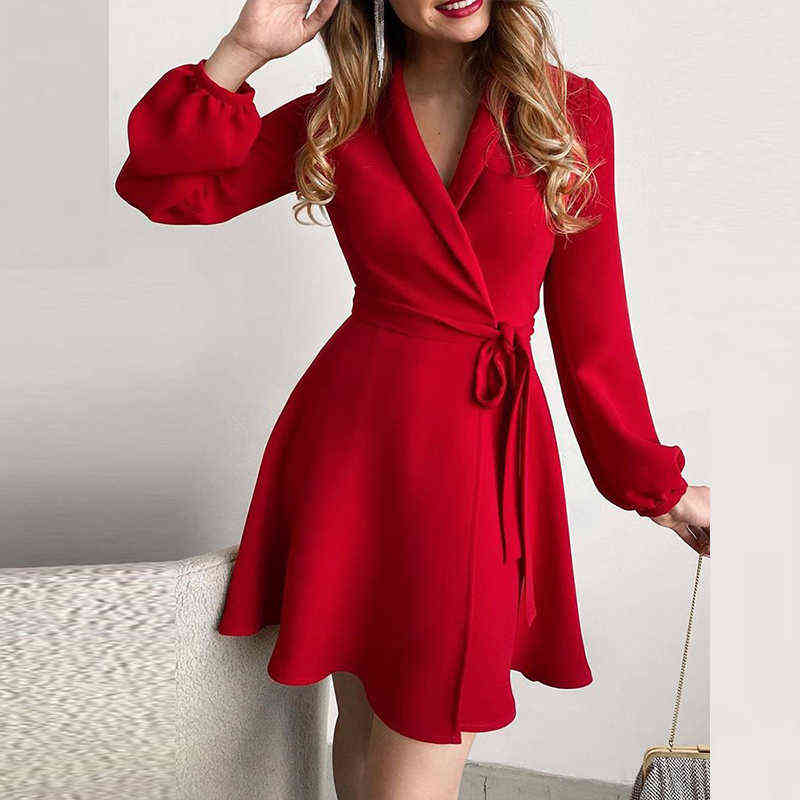 

Autumn Belted Button Party Dress Elegant Turn-Down Collar Office Lady Blazer Dress Women Fashion Long Sleeve Mini Dress Vestido G1223, 01 dark blue