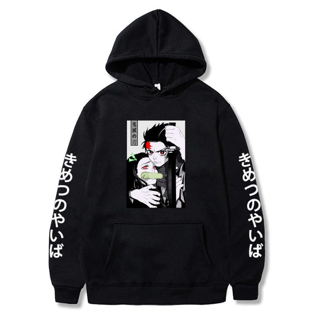 

2021 Harajuku Anime Demon Slayer Unisex Sweatshirts Japanese Manga Kamado Tanjirou Kamado Nezuko Loose Casual Hoodies Clothing Q0831, Black
