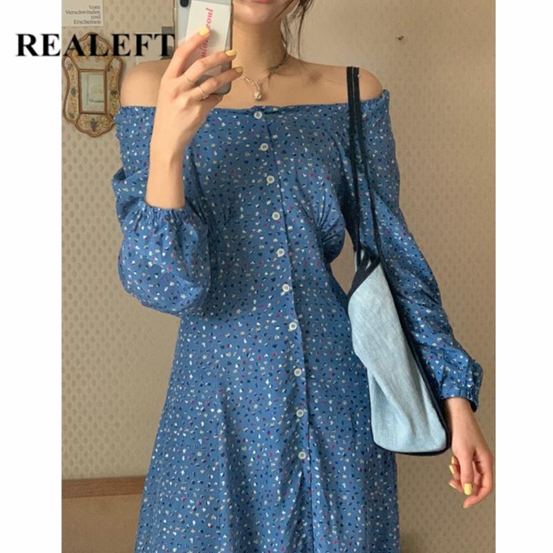 

Bohemian Floral Printed Women Long Dress Straight Vintage Puff Sleeve Slash Neck Female Loose 2021 Spring Summer Casual Dresses, Black;gray