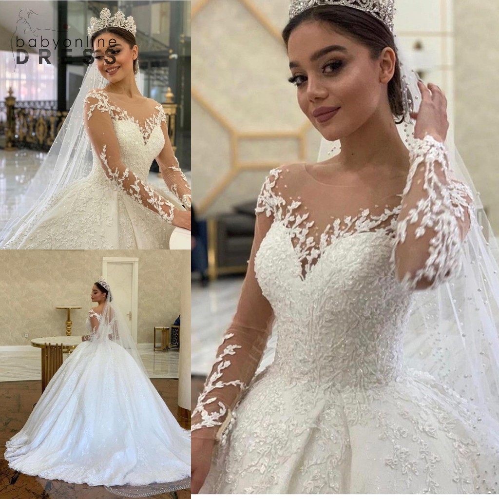 

Vintage Long Sleeve Lace Ball Gown Wedding Dresses Dubai Arabic Sheer Neck Backless Appliques Sequins Bridal Gowns Luxury Robe de mariage BC11371, White