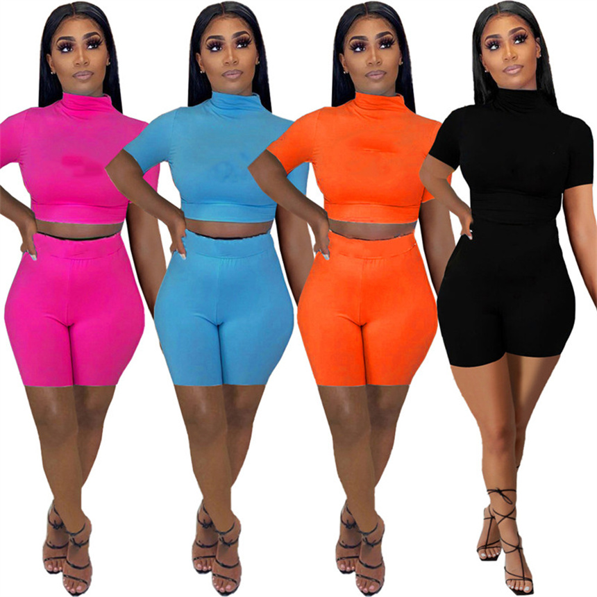 

Women Casual Tracksuits solid color Outfits sports Two piece sets gym Jogger suit Summer Clothing short sleeve t-shirt+short pants 5411, Rose red