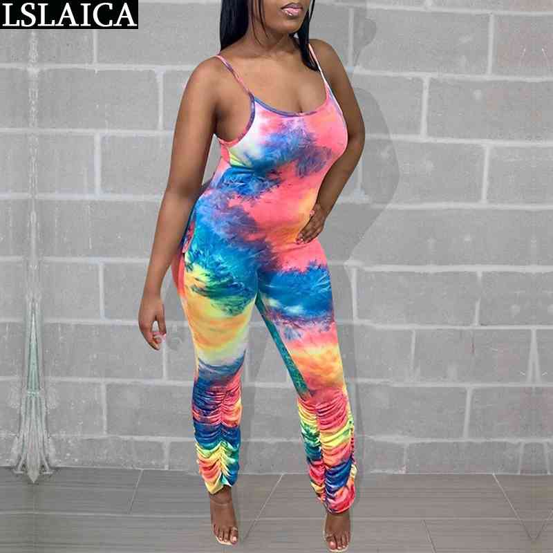 

Tie Dye Jumpsuit Backless Skinny Fashion Sling Casual Women Sleeveless Personalized Ruched Enterizos Para Mujer 210520, Beige