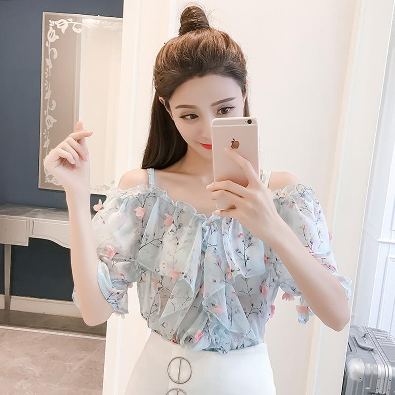 

Women' Blouses & Shirts Plus Size Short Sleeve Strapless Summer Top Slash Neck Ruffles Patchwork Floral Chiffon Women Blouse Sweet Flare, Blue