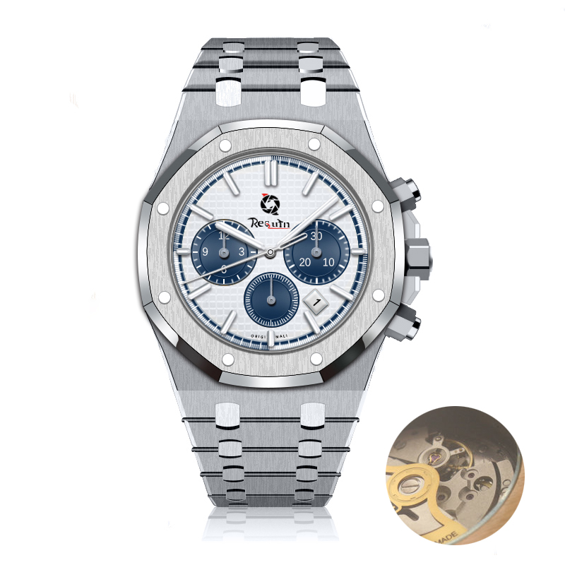 

Men's Automatic Mechanical Watch Luxury REQUIN Brand Royal Silver White Case Full Working Six Hands Calendar Dial Oak Strap Transparent Back Cover OO.1220, Multi-color