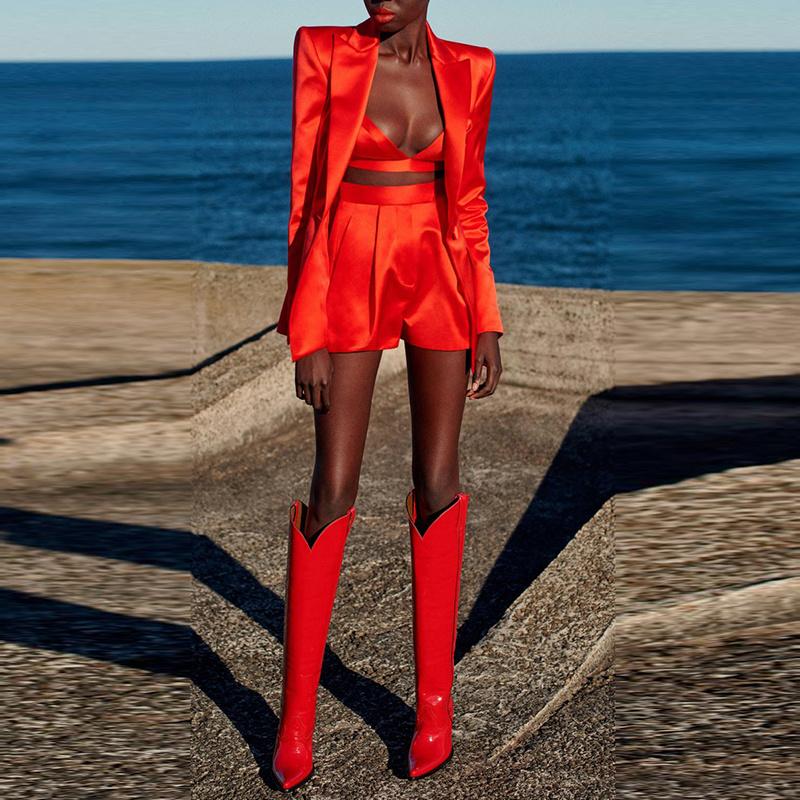 

Women' Two Piece Pants HIGH STREET Est 2021 Designer Runway Suit Set Single Button Blazer Camis Shorts 3pcs, Red