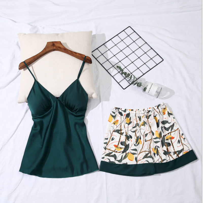 Summer Suspender Shorts Suit Pajamas Solid Color Printing Two Ice and Snow Silk Home with Bra-image-702723937