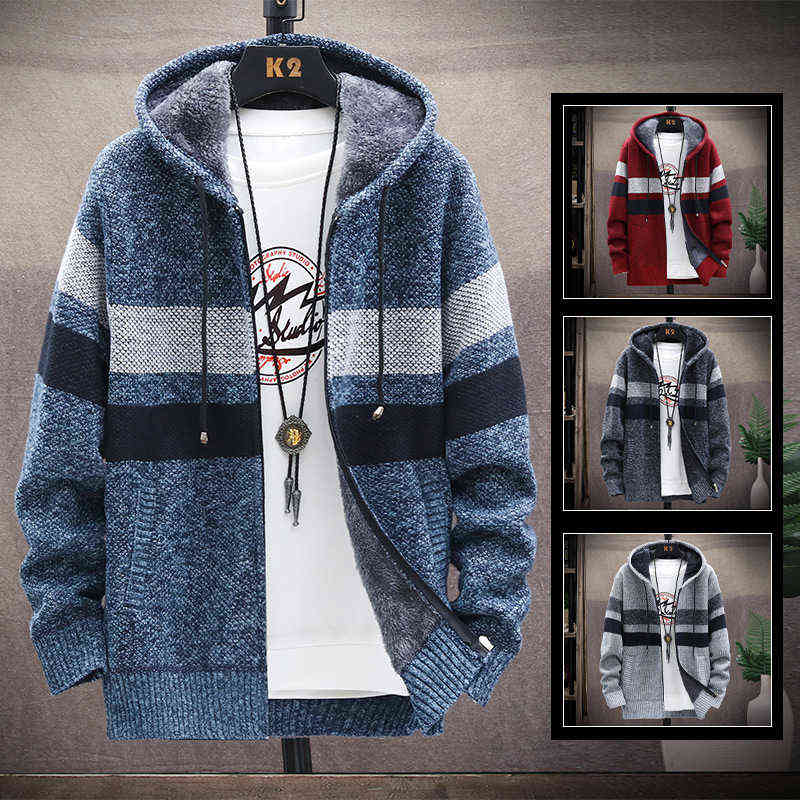 

Men's hooded knitwear autumn winter thick fleece sweater coat loose casual large size jacket long sleeve striped cardigan 211109, Xl 65-72kg