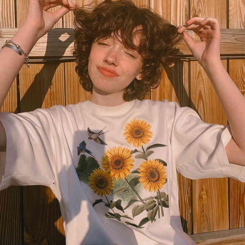 

Women' T-Shirt Sunflower Bird Print T-shirt women' fashion street casual summer student campus top NSSZ, White