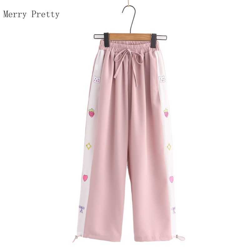 

Side Cartoon Embroidery Straight Casual Women Pants Summer Sweet Style Ladeis Kawaii Cute Bottom Trouser MERRY PRETTY 210526, Black