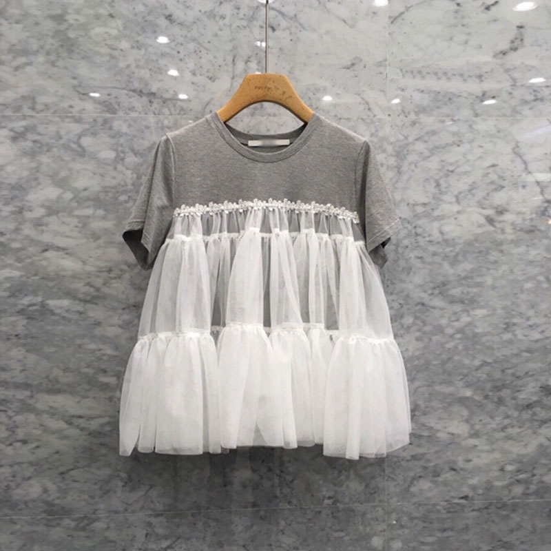 

Spring Summer Loose All Match Fake Two Piece Top Mesh Patchwork Short Sleeve O Neck T-shirt Women 210615, Gray