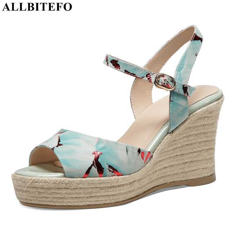 

ALLBITEFO Wedges Heel Open Toe Sandals Real Genuine Leather Summer Party Wedding Shoes Women Sandals Fashion Women Heels Shoes 210611, As picture