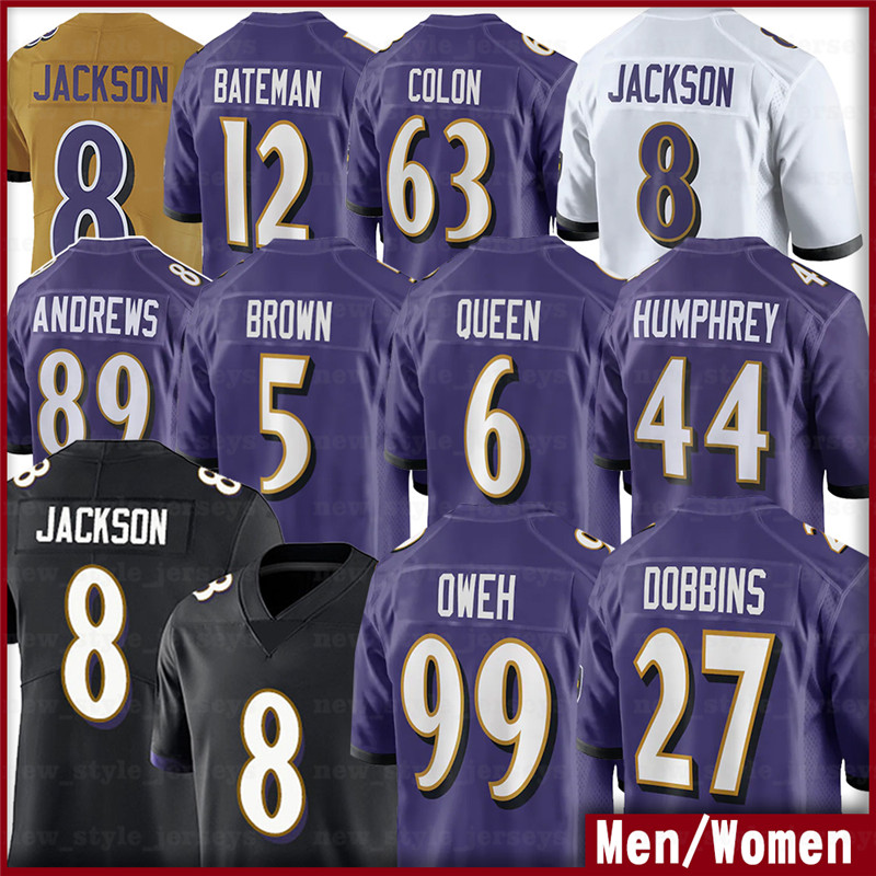 

8 Lamar Jackson Football Jerseys Devin Duvernay 99 Jayson Oweh 6 Patrick Queen 5 Marquise Brown 12 Rashod Bateman Marlon Humphrey Kenji Bahar Men Women kids Jersey, Men(wu ya)