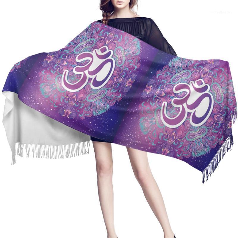

Scarves Women Cashmere Scarf Autumn Winter Hijab Wrap Ohm Symbol India Purple Mandala Chakra Print Shawls Headband Summer Ladies