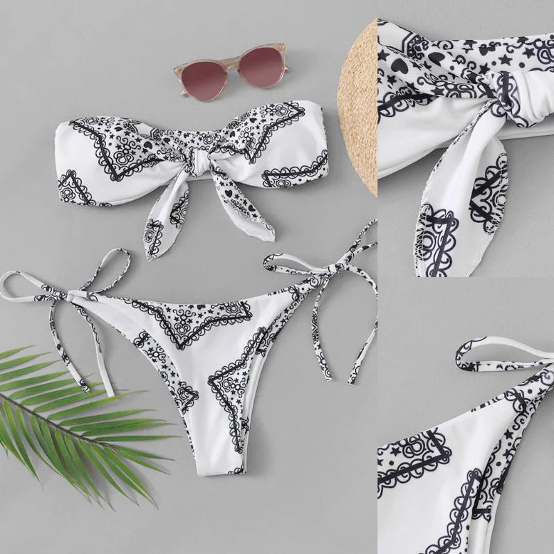 

Women Soft And Comfortable, Suitable Vintage Print Two Pieces Suits Top Low Waisted Bottom Bikini Set Tankini Switmsuit Women's Swimwear, Wh