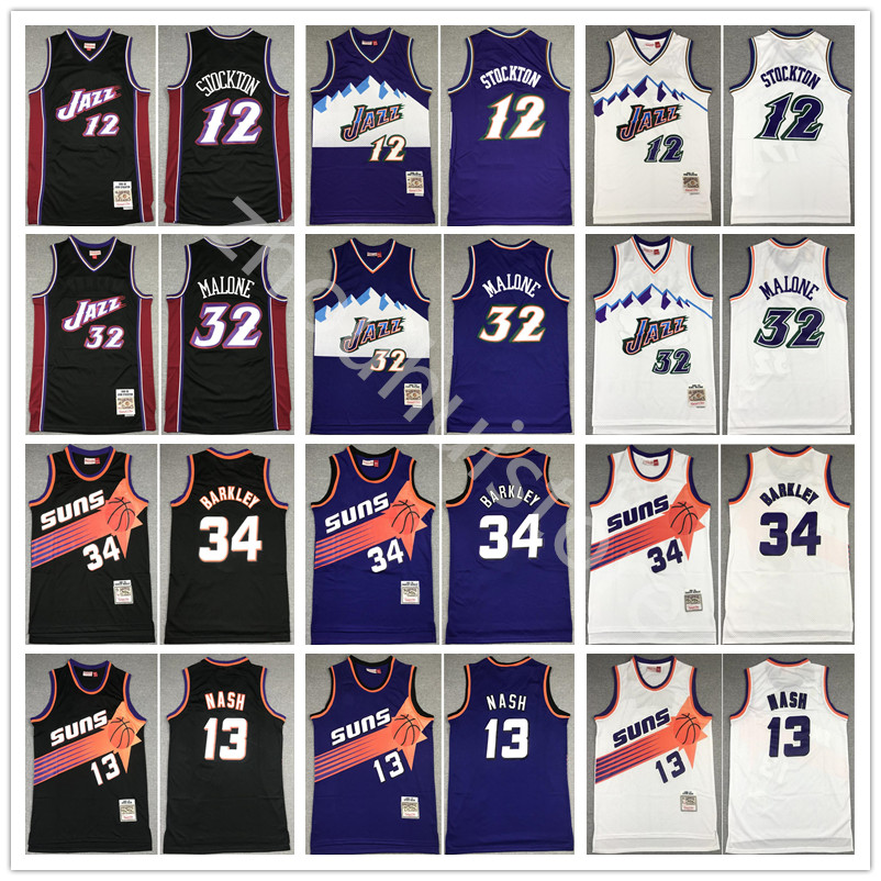 

Fast delivery Throwback Basketball John Stockton Jersey 12 Karl Malone 32 Steve Nash 13 Charles Barkley 34 Team Purple White Black Color Bas, Black;red
