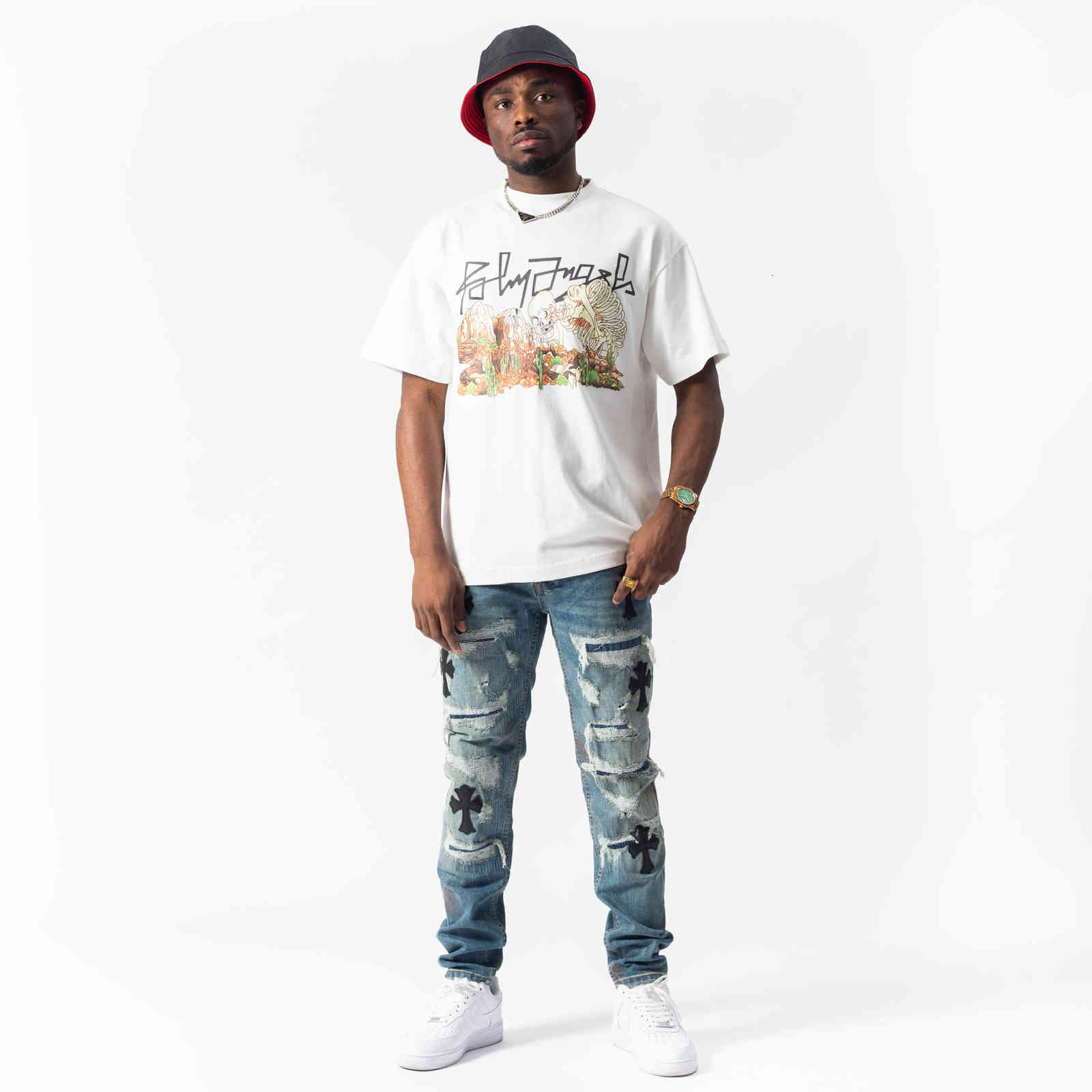 

jeans pierced Crosin's new men's high street trendy slim dark blue slim casual pants