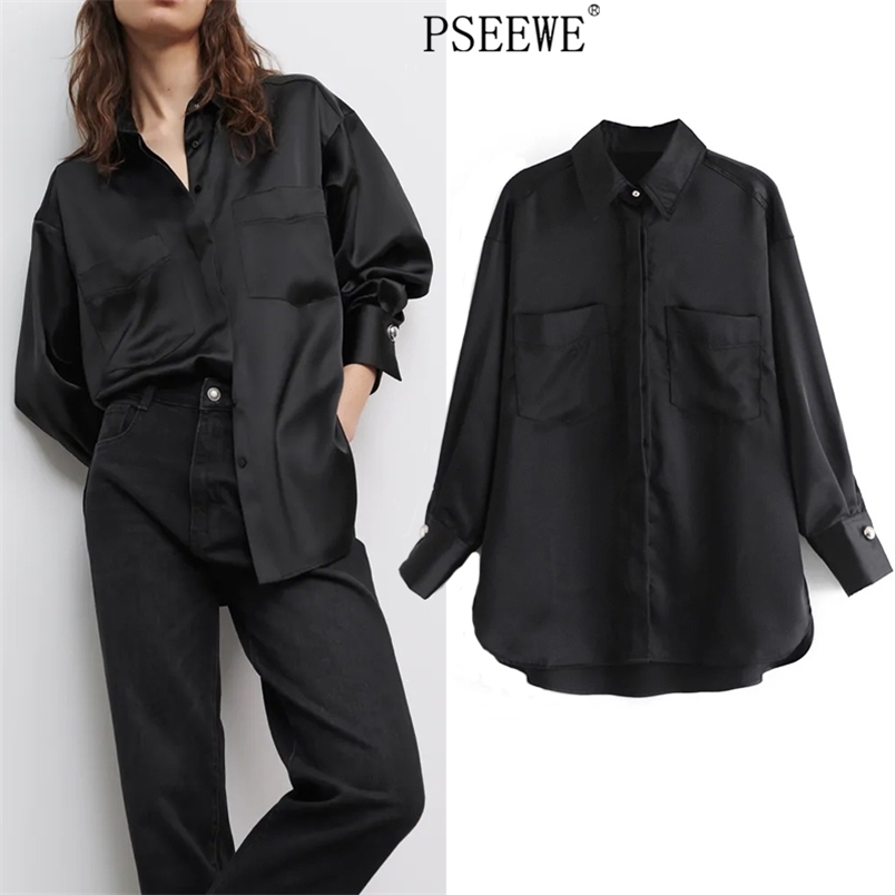 

Spring Black Satin Oversized Long Shirt Women Fashion Pocket Button Up Sleeve Woman Chic Casual Blouse 210519