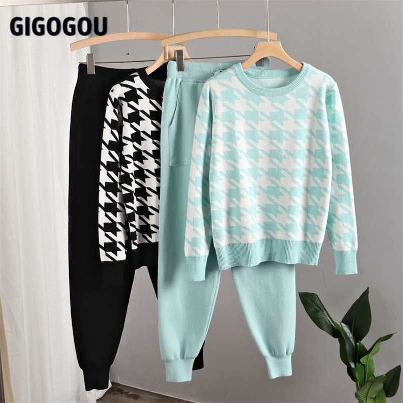 

GIGOGOU Houndstooth Knit Womens Tracksuits Korean Fashion O Neck Woman Pullovers + Harem Pants Two Piece Sets Y2K Winter Outfits 211109, Green ml2321