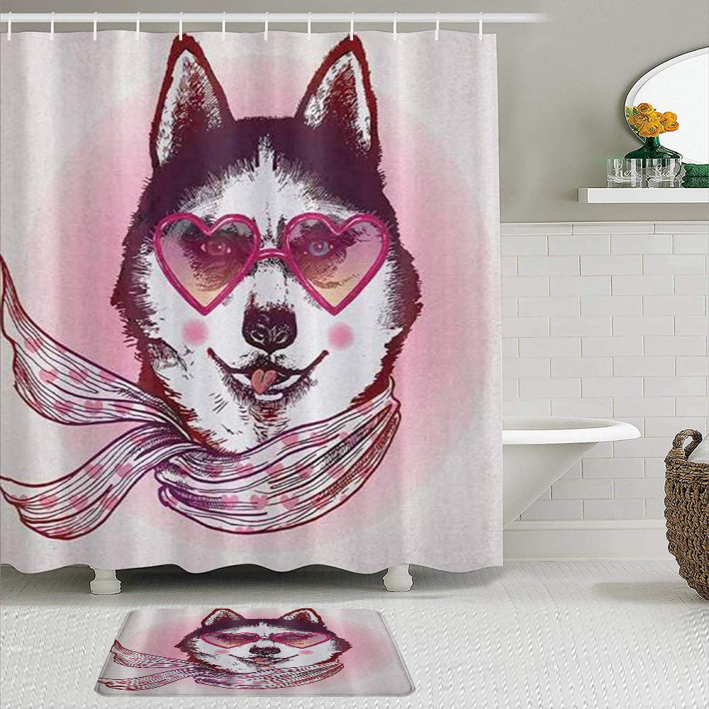 Fabric Shower Curtain and Mats Set,Hipster Husky Dog with Hearts Sunglasses and Scarf Fashion Animal Art,Waterproof Bath-image-671993009